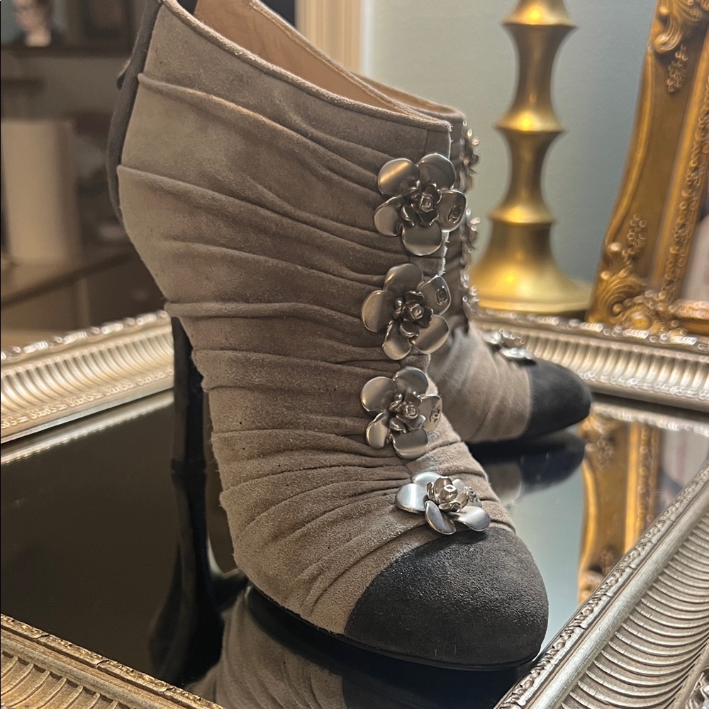 CHANEL Taupe and Black Suede Camellia Accent Heeled Booties
